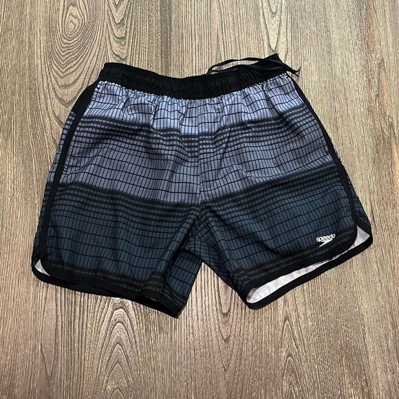 Speedo Anthracite Thread Print Swim Trunks Drawcord Elastic Waist Black Blue M - Picture 1 of 7